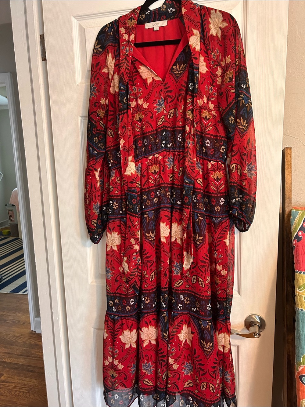 LOFT Red Floral Maxi Dress with Navy and Cream Accents